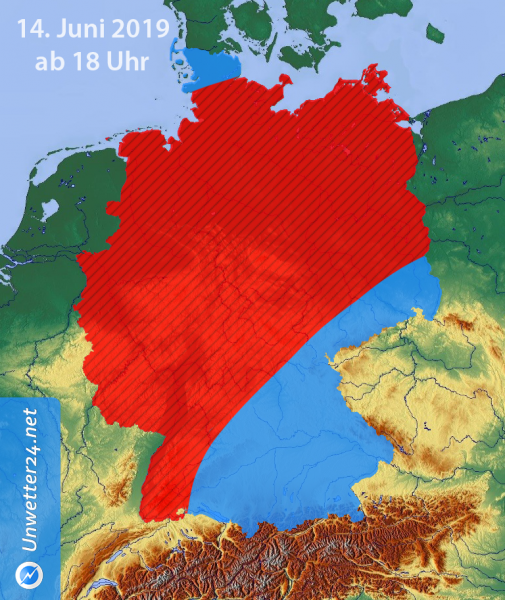 Möglicher Schwerpunkt der Unwetter am 14. Juni 2019